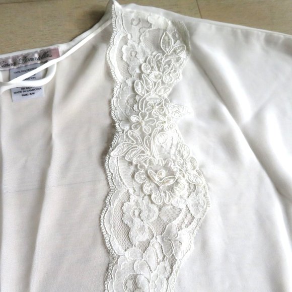 Linea Donatella Sheer Chiffon Open Front Robe S/M White Lace Pearls Knee Length - Picture 12 of 16